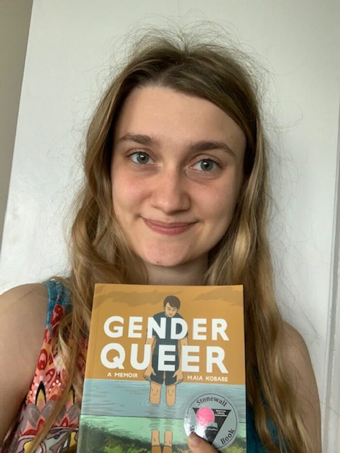 Larissa with Gender Queer book cover copy